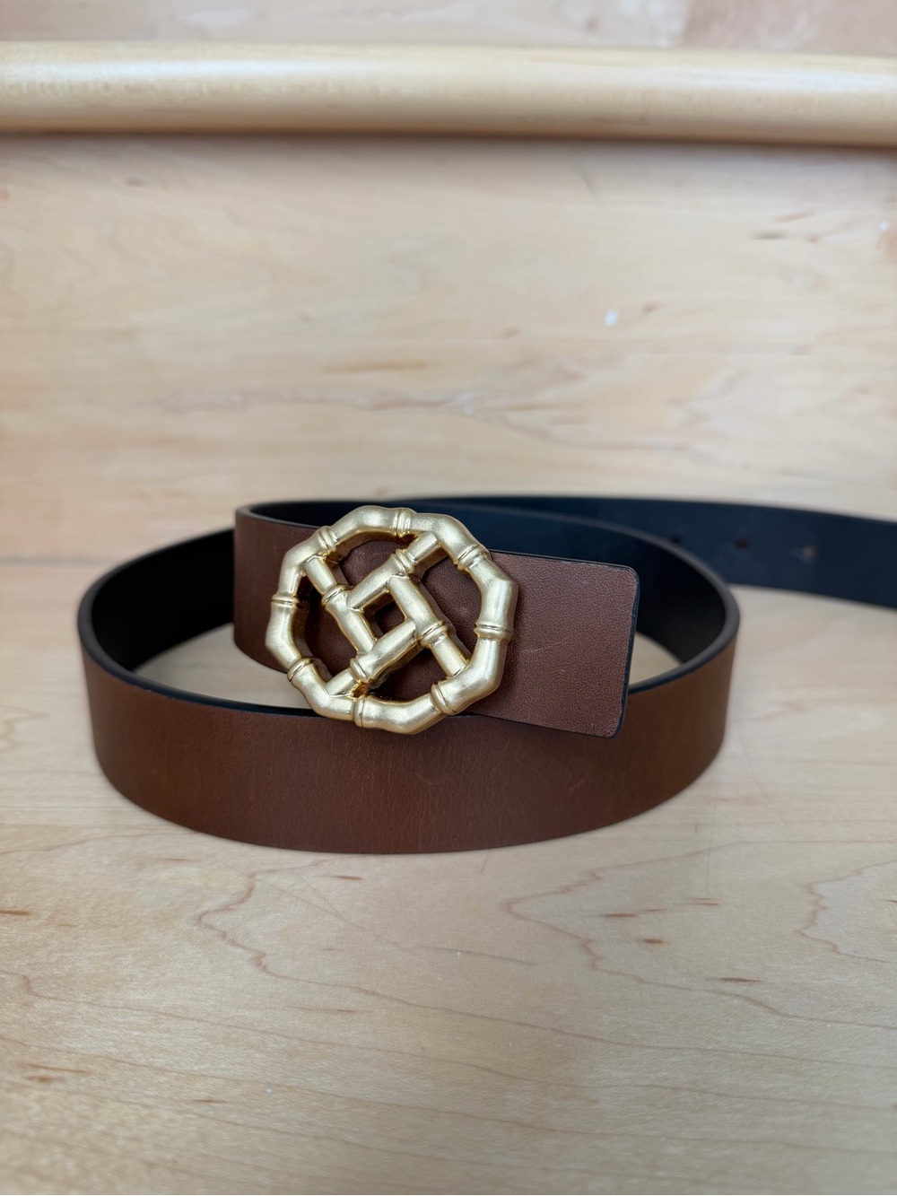 J.McLaughlin Ruby Reversible Leather Belt Black Brown Gold Bamboo Buckle Size M - Picture 2 of 11